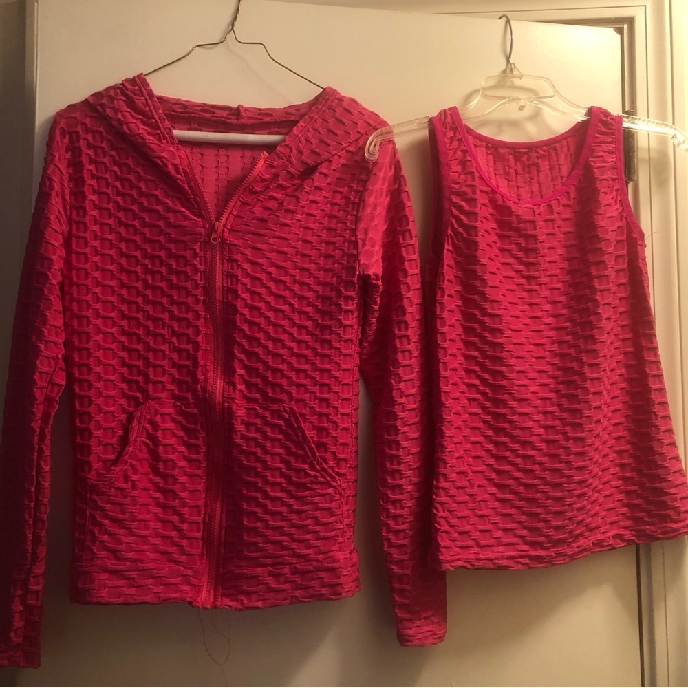 Textured Pink 3 piece Jacket, Tank and Pants Set